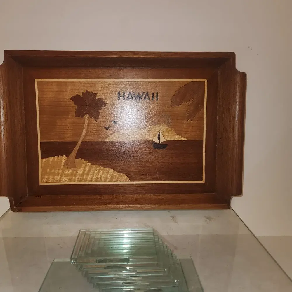 Vintage Wood Inlay Hawaii Serving Tray 14”x9.5” Tiki Tropical Hula